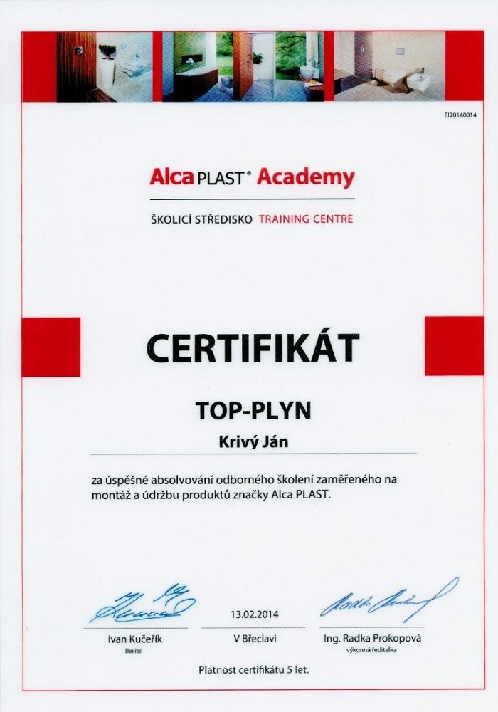 Certifikát - Alca Plast academy
